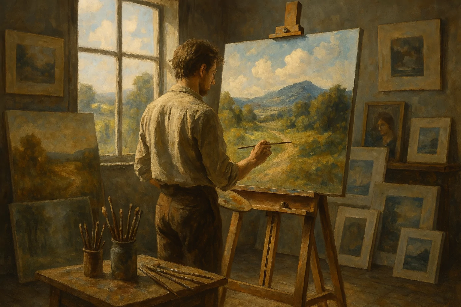 Artist painting on canvas